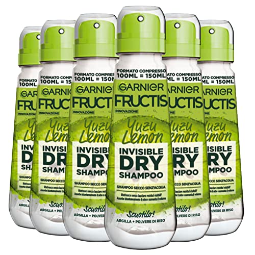 Garnier Fructis Invisible Dry Yuzu Lemon Shampoo Secco Senz'Acqua con Argilla e Polvere di Riso Volumizzante Capelli Rinfrescante - 6 Flaconi Spray da 100ml