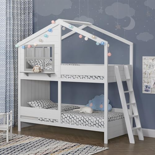 Juskys Kinder Hochbett Traumhaus 90x200 cm - Kinderbett mit Dach, 2 Betten,...