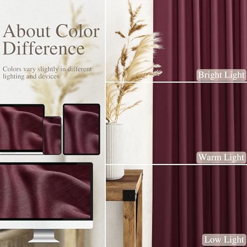 Image of Nanspring Burgundy Linen Curtains 84 Inch Length 2 Panels Set for Living Room Rod Pocket Back Tab Light Filtering Window Drapes for Bedroom Dining Room Protect Privacy Modern Farmhouse Decor 52x84