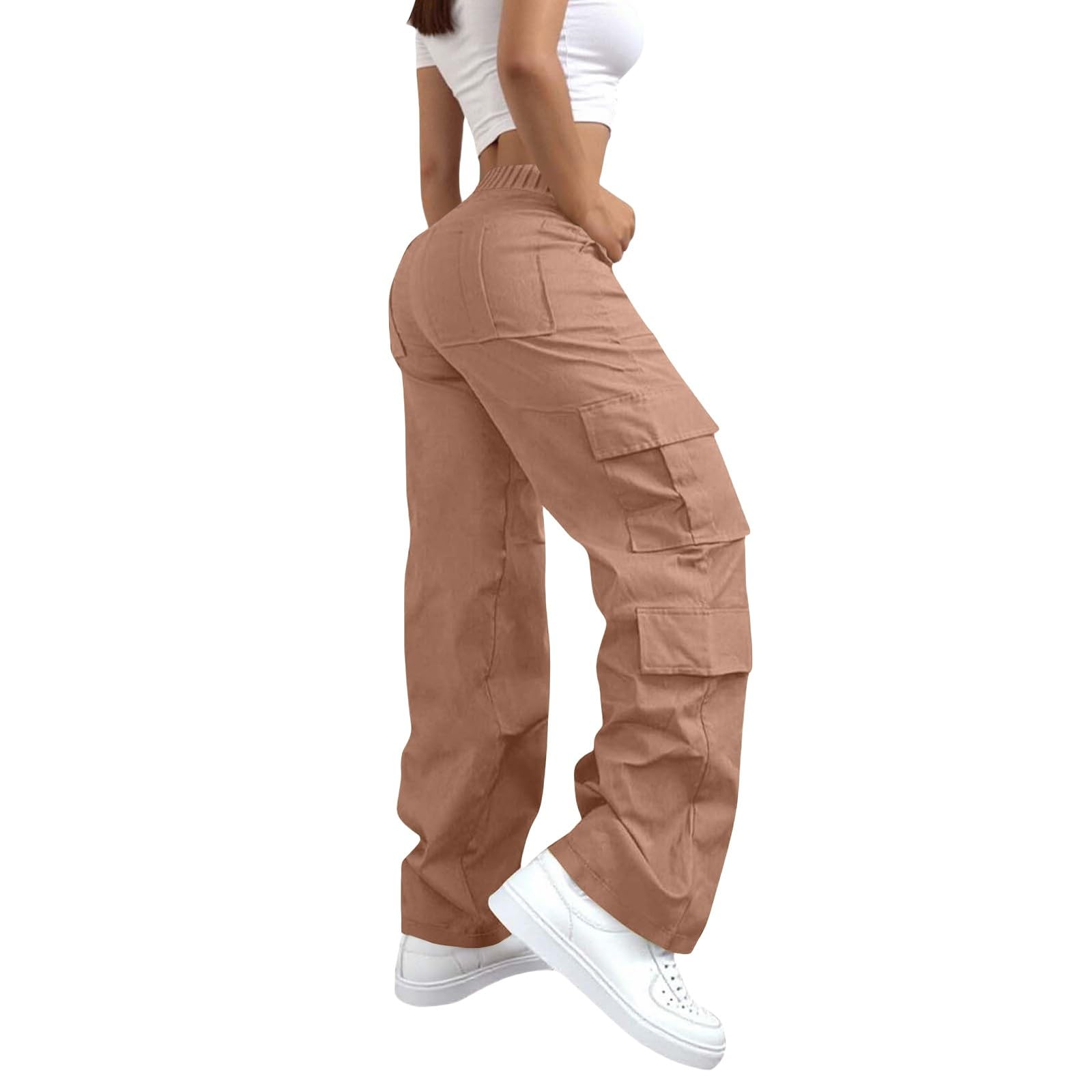 Damskie rozciągliwe spodnie cargo z szerokimi nogawkami bootcut 6 kieszeni użytkowych workowate elastyczne wysoki stan luźny krój rozkloszowane spodnie turystyczne spacery spodnie bojowe na co dzień