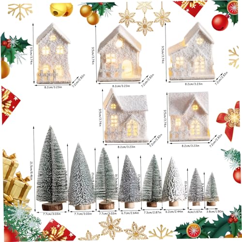 Casas de Pueblo Navideñas Blancas Iluminadas con 8 Mini Árboles para Mesa 5