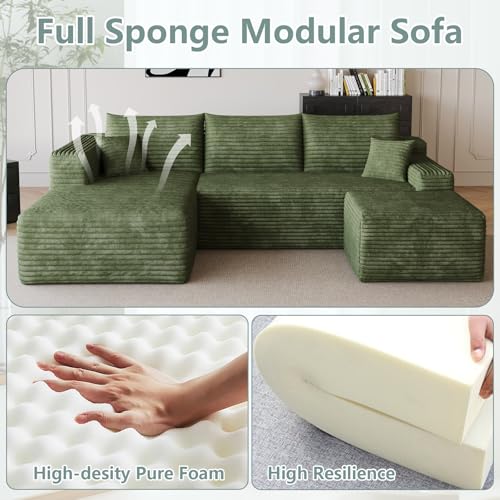 Image of 95 inch Modular Sectional Sofa with Ottoman, Modern Corduroy Cloud Couch with Deep Seat, Boneless Couch Upholstered 3-Seater U-Shaped Sofa for Living Room, No Assembly (Green,Left-Facing Chaise)