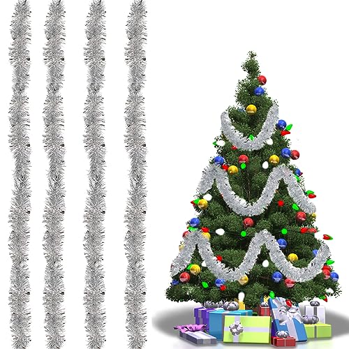 Guirlandes Tinsel Noël, 4 pcs Guirlande de Noel Sapin, Guirlande Tinsel de Fête, Guirlande Tinsel Métallique Scintillantes, Guirlandes Brillants de Noël, Pour Décorer Sapin de Noël Fenêtre, Argent
