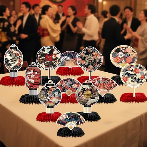 Image of Hibachi Birthday Party Decorations - 12 Pcs Japanese Paper Folding Fans Lanterns Honeycomb Centerpieces Set, Cherries Blossom Flowers Cranes Happy Dinner Supplies Table Decor for Men Women