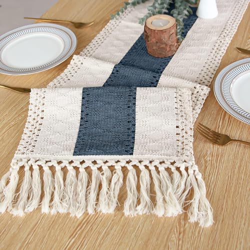 Image of FEXIA Boho Blue Table Runner 108 Inches Long with Tassels Macrame Farmhouse Summer Style Graduation Party Rustic Wedding Baby Shower Dining Kitchen Living Room Decor (12x108 Inches)