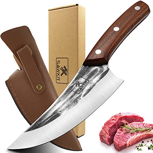 SAWKIT Boning Butcher Knife, Meat Cleaver Hand Forged Knives, with Leather Sheath High Carbon Steel Fillet Knives Vegetable Chefs Knives for Kitchen BBQ, Camping or Hiking-Gift Box