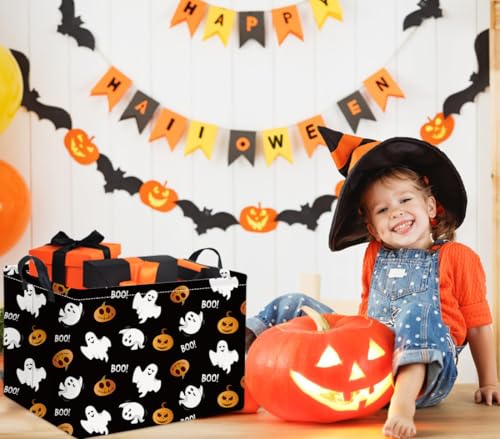 Image of Rectangular Halloween Basket for Kids Cute Pumpkin Basket Storage Bin Organizer Box Room Decor for Halloween Parties(Black Boo)