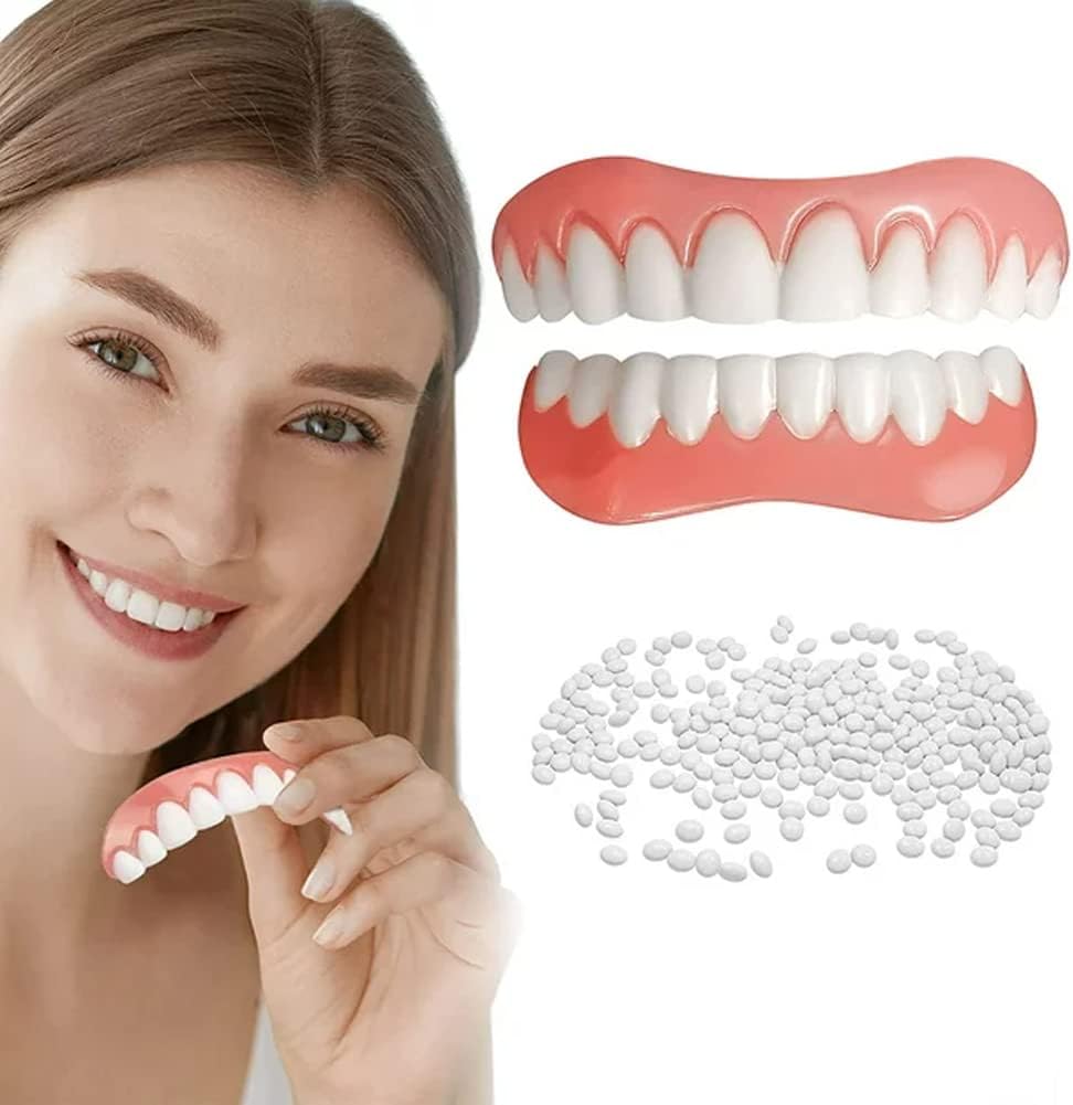 False Teeth Veneers Dentures Top and Bottom Instant Veneers Fake Teeth Instant Smile Cosmetic Teeth Whitening Temporary Prosthesis Teeth Comfortable Flex Cosmetic Teeth for Men and Women(2 Pcs)