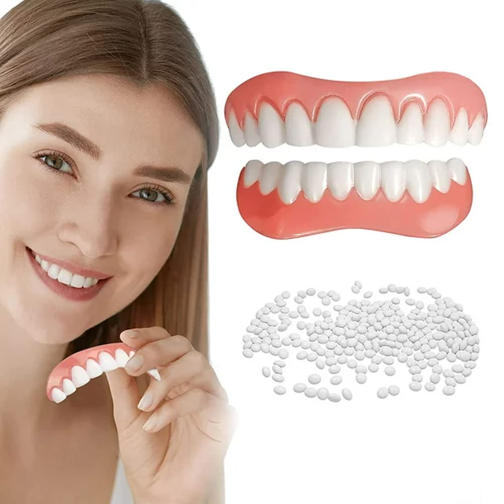 False Teeth Veneers Dentures Top and Bottom Instant Veneers Fake Teeth Instant Smile Cosmetic Teeth Whitening Temporary Prosthesis Teeth Comfortable Flex Cosmetic Teeth for Men and Women(2 Pcs)