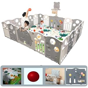Metreno 16 panel Playpen for Babies upto 5 year Baby Play Area Indoor Setup Portable Play pen with Balls mat Kid Toddlers baby fence Kids Toddlers Safety Play Yard with Gates(5.2 * 6.1FT=30 SQFT Grey)