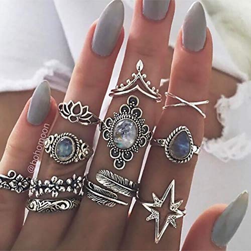 Conifor Boho Crystal Stackble Ring Silver Rhinestone Knuckle Ring Flower Mid Finger Rings Set for Women and Teen Girls(11Pcs)
