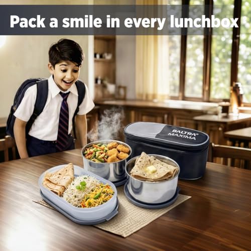 Image of BALTRA LUNA Set of 3Pcs Lunch Box with Insulated Fabric Bag For Daily Use | 2 x 220ml Stainless Steel Container, 1 x Oval Container | Lightweight Leakproof Airtight Tiffin Box Case For Office & Travel