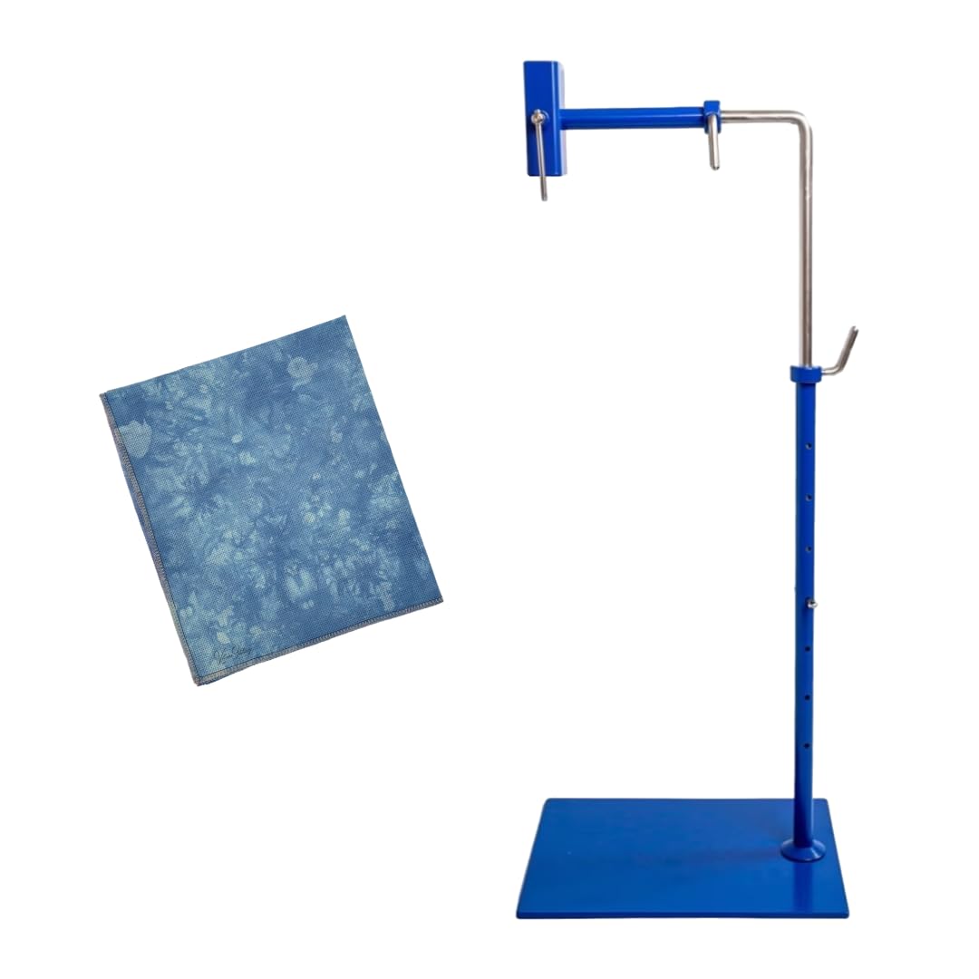 VolcanoStitching Embroidery Hoop Stand Blue Cross Stitch Bundle - Lowery Jean Cross Stitch Floor Hands Free Workstand with Blue Hand Dyed Aida 18 Count Cross Stitch Fabric