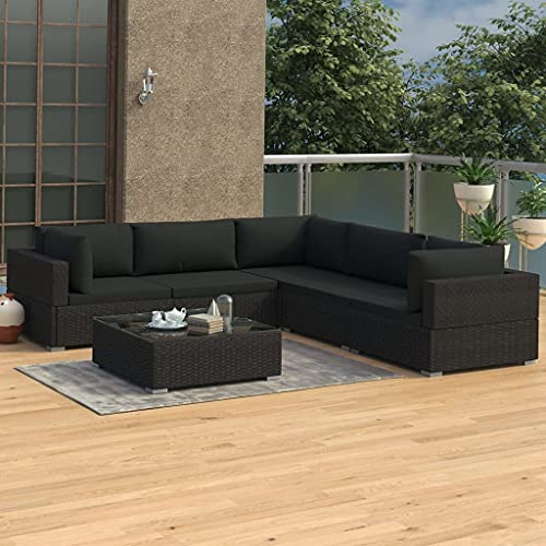 Woonisher 6-TLG. Garten-Lounge-Set mit Auflagen Poly Rattan Schwarz...