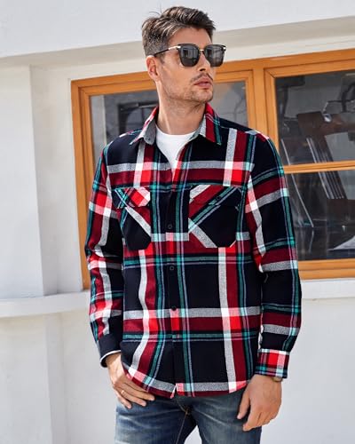 Image of WARHORSEE Flannel Shirt for Men Long Sleeve Button Down Plaid Shirts | Soft Cotton Blend for Multi-season Wear, Lightweight yet Warm, Dual buttoned storage pockets, Machine Washable Easy Care