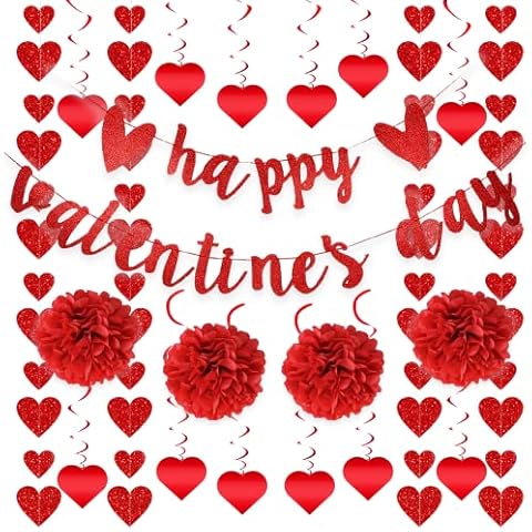 22Pcs Valentine's Day Decorations Set Pre-Assembled Hanging Heart Swirls Happy Valentine's Day Love Heart Garlands Banner for Home Classroom Office Wedding Party Anniversary (Red) Cover