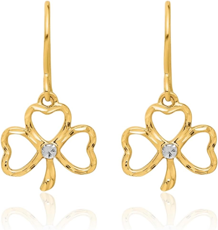 IceCarats 14K Solid Two Tone Gold Clover Leaf Medium Celtic Claddagh Shamrock Heart Dangle Earrings 20mm 3/4 inch Shepherd Hook, Diamond Cut For Her