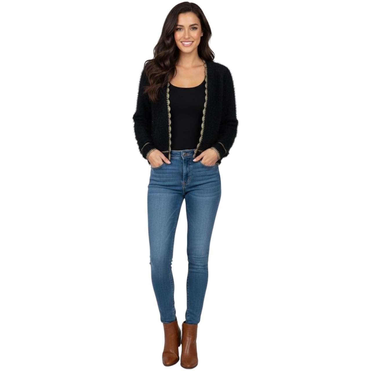 Women's Black Fluffy Open Front Cardigan M, Soft Knit, No Collar, Full Sleeve, Cozy Winter Layer, Elegant Gold Trim, Lightweight Warm Sweater-image-31