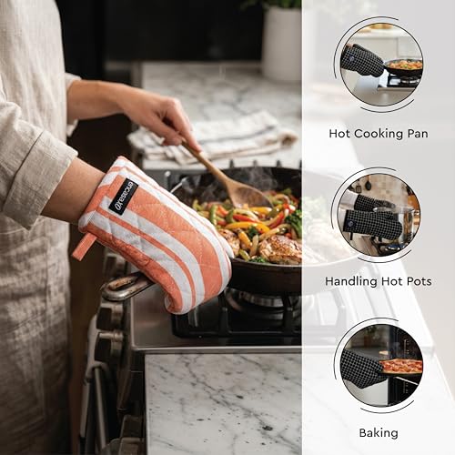Image of Encasa XO 100% Cotton Apron Set for Women & Men with Adjustable Apron, Oven Gloves & Pot Holder (Pack of 3) Combo, Heat-Resistant, Soft & Durable for Cooking, Baking & Grilling (Franca Orange Stripes)
