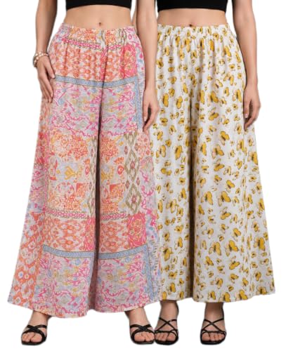 Image of Women Printed Palazzo Pants Combo Pack of 2, Comfortable Elastic Waist Lounge Pants for Women | Relaxed Fit, Loose Fitting Wide Leg Palazzo Pants, Casual Bottom (Available in S to 3XL Size)