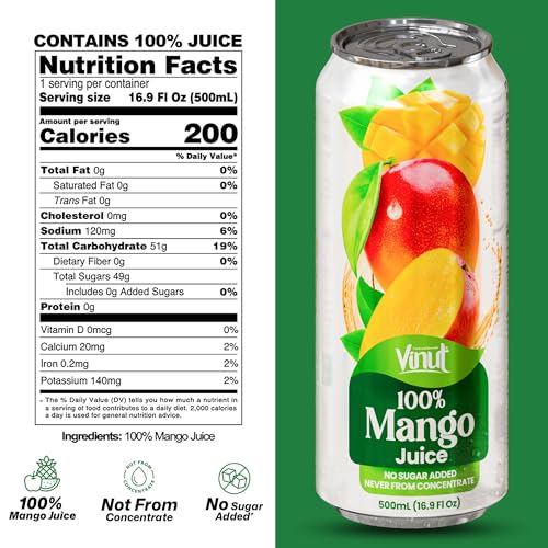 Image of VINUT 100% Mango Juice, No Sugar Added, Never From Concentrate, 16.9 fl oz (500 mL) Can, Pack of 12