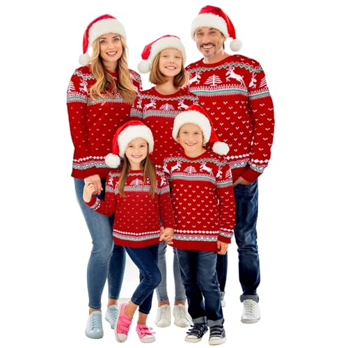 Xaatren Suéteres de Navidad familiares a juego, suéter de punto feo, lindo suéter de manga larga con cuello redondo para Navidad con sombrero, Rojo (Red Deer), XL