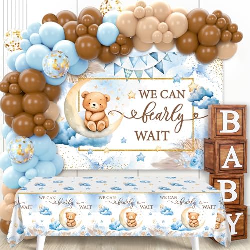 Teddy Bear Baby Shower Decorations - Baby Boxes with Letters,Blue Brown Balloons,We Can Bearly Wait Backdrop,Tablecloth for Baby Shower,Gender Reveal,Birthday Party