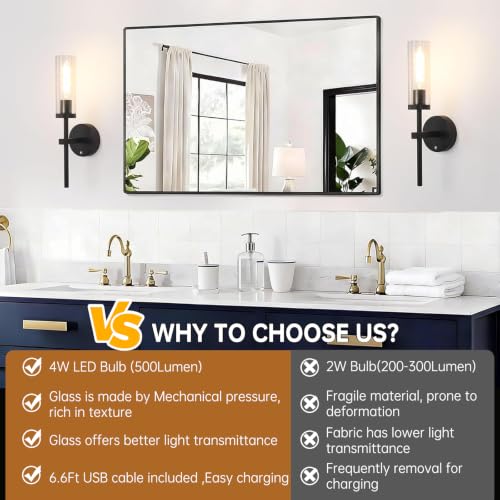Image of Shenmoyl Battery Operated Wall Sconces Set of 2, Black Rechargeable Wall Lighting Fixtures, Dimmable Wall Lights with Remote & Clear Glass Shade for Living Room, Bathroom,Bedroom