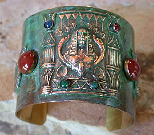 Elaine Coyne Patina Egyptian Motif Pharaoh And Serpents Wearable Art Wide Cuff Bracelet - Carnelian, Lapis, Malachite #TOP3
