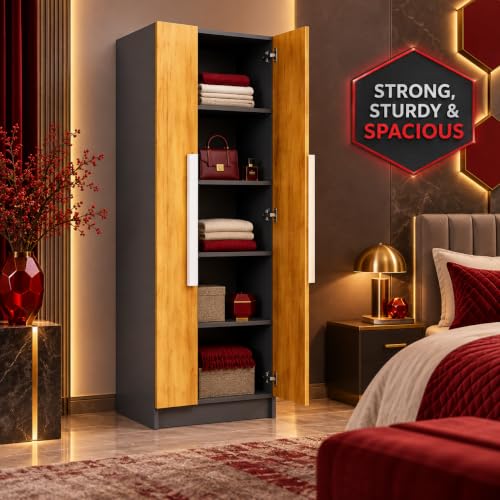 Image of Bniture Wooden Almirah for Clothes, Door for Bedroom, 2 Door Wardrobe with 4 Shelves Huge Storage Space (46D x 60W x 182H CM) | 3 Year Warranty (Slate Grey & Giant Wood)