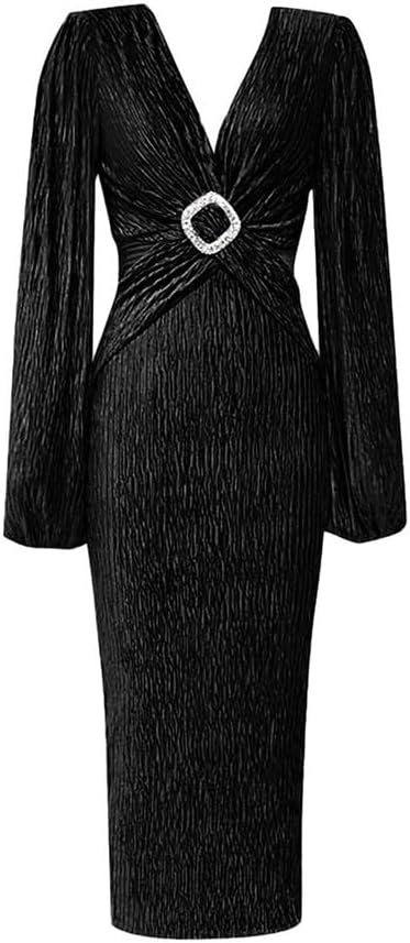JSEIAJB V-Neck Women's Long Sleeve Pressed Pleated Velvet Mesh Splicing Dress