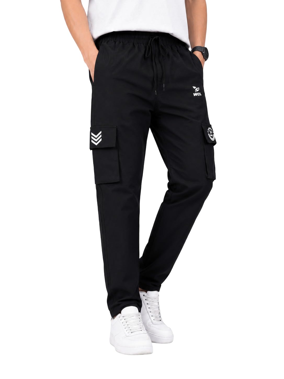 Men's Black Cargo Track Pants, Polyester, Drawstring Waistband, Regular Fit, Multiple Pockets, Casual Wear for Gym-image-23