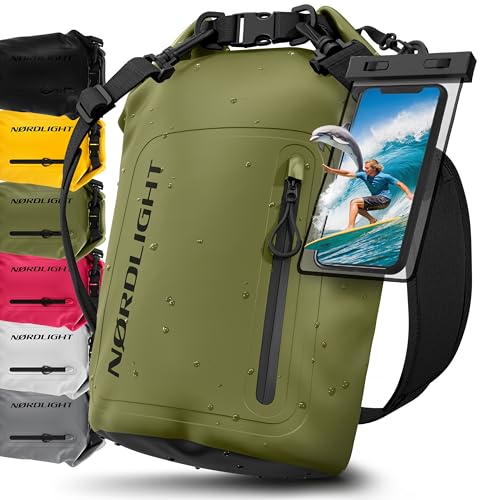 Nordlight Bolsa Estanca Impermeable + Funda para Móvil, Cierre enrollable, Correa para Hombro | Drybag Mochila Impermeable Saco Estanco Bolsa de Transporte Náutica | Playa SUP - Verde Oliva, 20 Litros
