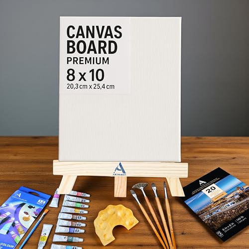 Image of ArtRight 39 Pcs Painting Kit for Beginners & Kids with 4 Paint Brushes - Mini Wooden Easel with Canvas - 20 A5 Watercolor Papers - Mini Painting Palette - Artists Color Set of 12