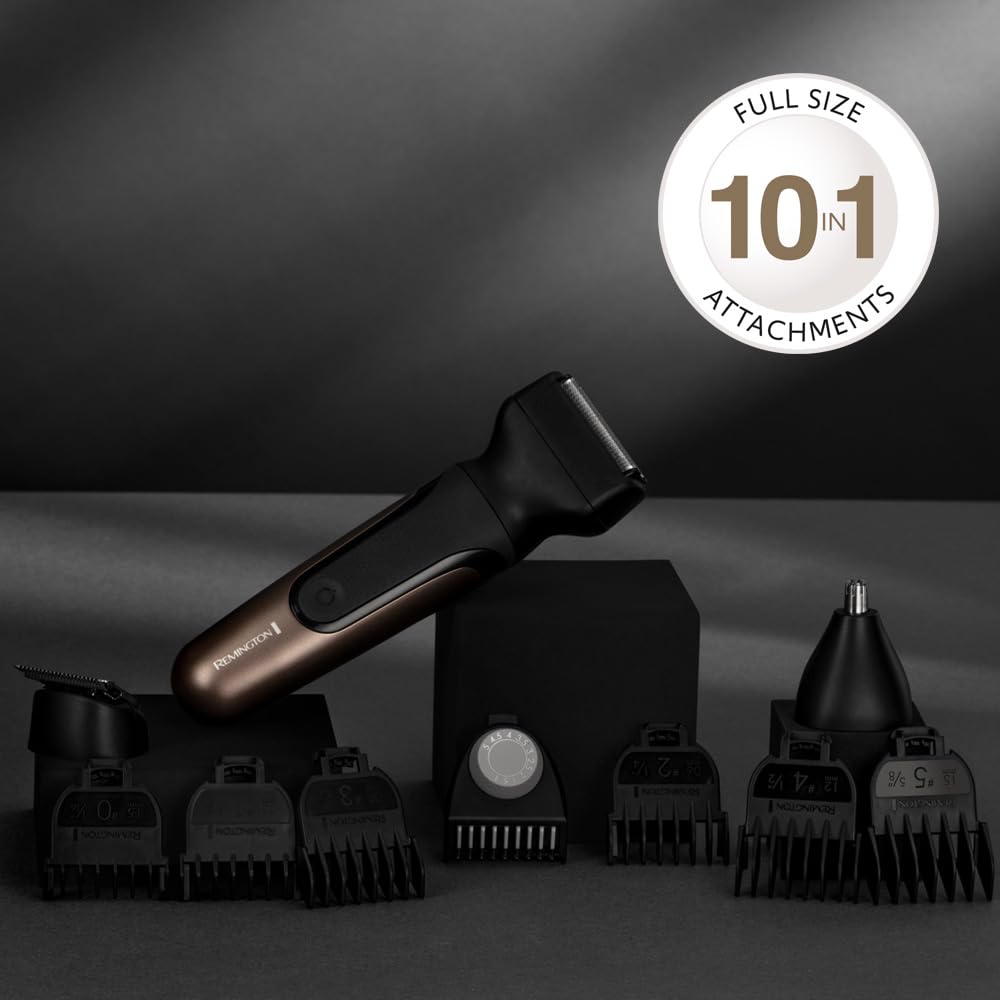 Remington ONE Rasoio Elettrico Multiuso, 10 Testine e Pettini, Impermeabile | Batteria al Litio a Lunga Durata, Autonomia 60 Minuti con Ricarica USB-C, Accessori per Cura di Corpo Naso e Orecchie