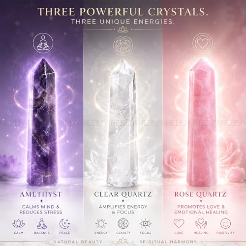 Image of REBUY Amethyst, Rose Quartz, Clear Quartz Crystals Pencils Wand Set for Reiki Healing and Grid Making Set Of 3