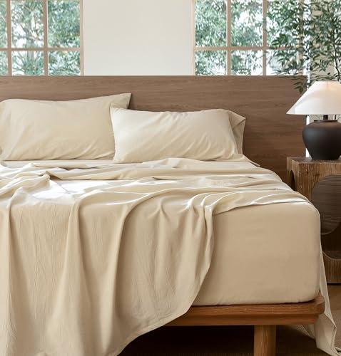 Image of MooMee Sheet Set 100% Washed Cotton Linen-Like Extra Deep Pocket Queen | Relaxed Linen-like Texture. Soft, Breathable & Lightweight Comfort. 15-19 inch Extra Deep Pocket with All-around Elastic
