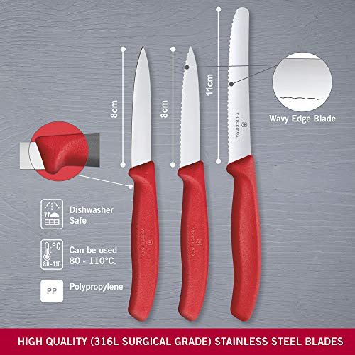 Foto von Victorinox Swiss Classic, Küchenmesser Set, 3teilig, Gemüse-, Tomaten- und Frühstücksmesser, Robuster Kunststoffgriff, Rostfreier Stahl, Rot
