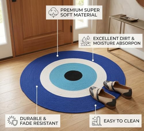 Image of Round Jute Reversible Evil Eye Door mat, 65 * 65 cm, Floor mat| Doormat for Home Entrance| Bathroom| Bedroom| Living Room| Kitchen| Pooja Room| Rug| Home Decor| Anti Slip| Outdoor| Nazar mat