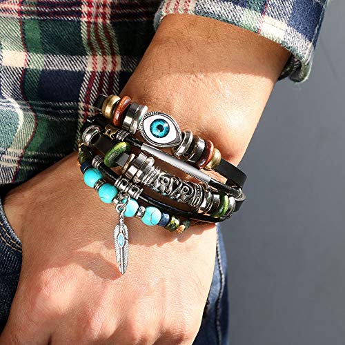 Pulsera multilayer de cuero con piedras y dijes ojos turcos miniatura 5