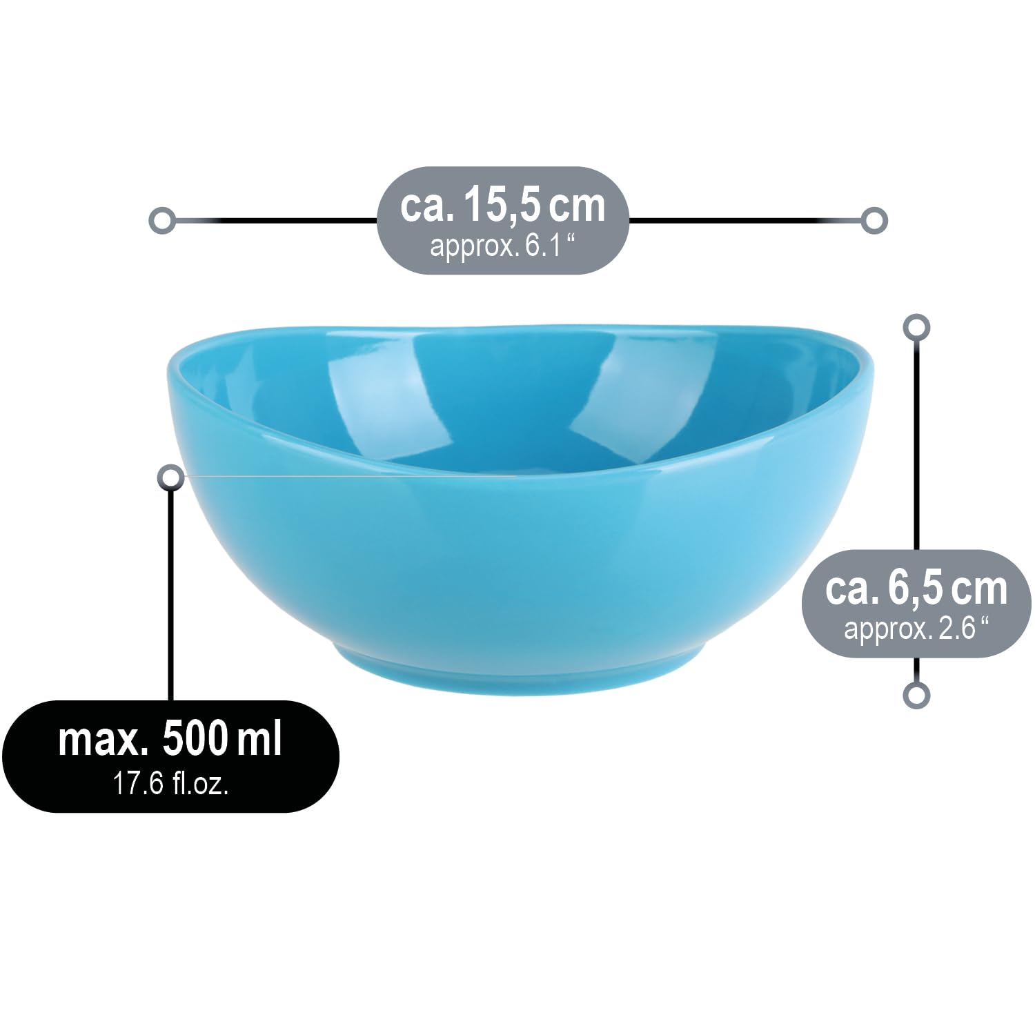 com-four® 6x Bols en Céramique 500 ml pour Céréales | Bols empilables pour petit déjeuner, salades, desserts et snacks, design élégant, micro ondes et lave vaisselle