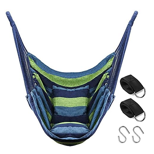 QF Hammock Chair Swing Hanging Hammock Chair with 2 Cushions, Hammock Swing Seat Cotton for Patio, Porch, Bedroom, Backyard, Indoor or Outdoor - Support 330lbs (Blue)