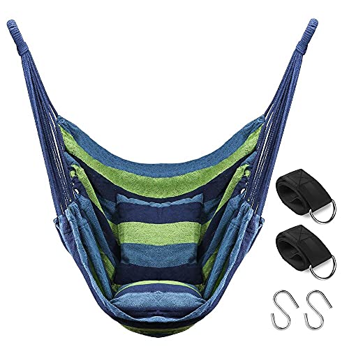 QF Hammock Chair Swing Hanging Hammock Chair with 2 Cushions, Hammock Swing Seat Cotton for Patio, Porch, Bedroom, Backyard, Indoor or Outdoor - Support 330lbs (Blue)