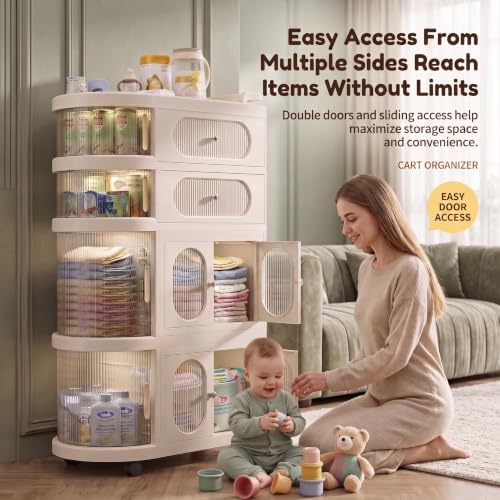 Image of StarAndDaisy Baby Storage Trolley with Wheels, 4-Tier Plastic Nursery Organizer with Drawers, Multipurpose Storage Rack for Baby Essentials, Diapers, Clothes, Toys (Off-White, Storage Cart)