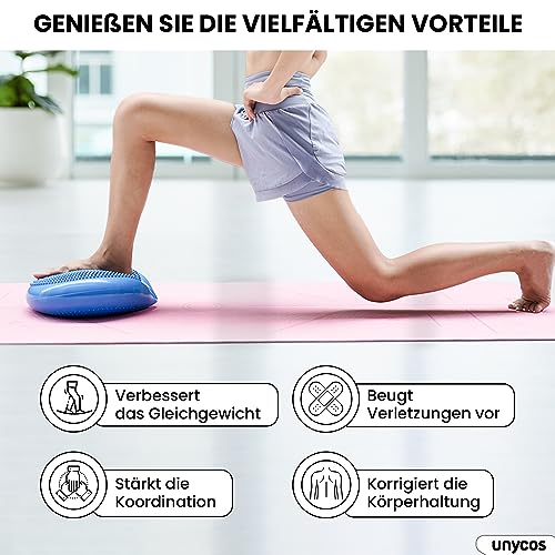unycos - Ballsitzkissen inkl. Pumpe【Ø34 cm | Trägt 150 kg】Orthopädisches Sitzkissen Anti-Burst, Noppenkissen, Balance Pad, Luftkissen für Bürostuhl, Fitness, Reha/Koordinations (Blau; Basic)
