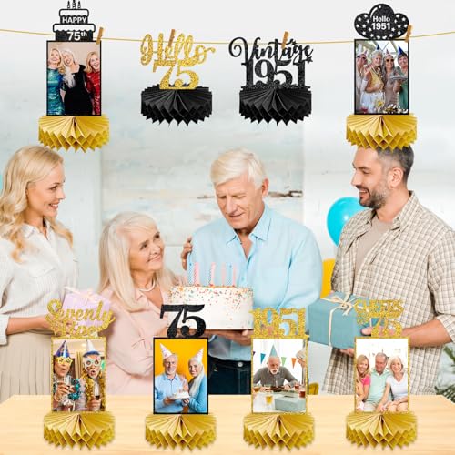 Image of Eucutur 8Pcs 75th Birthday Decorations Honeycomb Centerpieces for Women Men, Black Gold Vintage 1951 75th Bday Photo Table Centerpieces Party Supplies, Glitter Cheers to 75 Year Old Bday Table Topper
