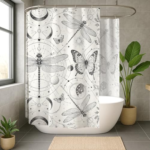 Rideau de douche extra large polyester imperméable noir motif libellule 274x183 cm
