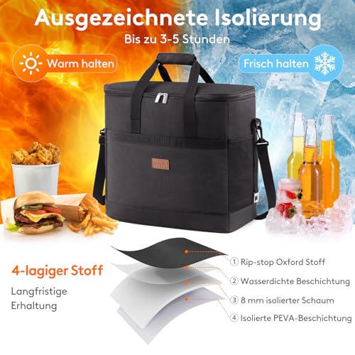 Lifewit 40L 60 Dosen Kühltasche Groß faltbar Kühlkorb Kühlbox Isoliertasche Thermotasche Picknicktasche für Lebensmitteltransport, Schwarz 4
