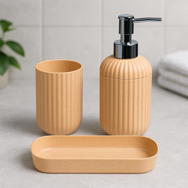 Image of 3PCS Set Bathroom Soap Dispenser Set with Toothbrush Holder and Vanity Tray Unbreakable (Peach)
