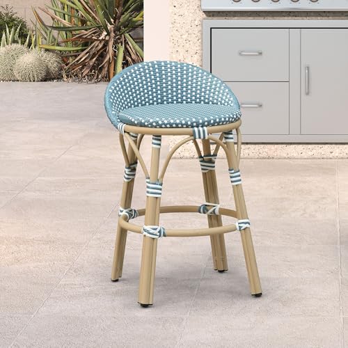 Image of PURPLE LEAF Patio Oversized Backrest Counter Height Stool Set of 1 Outdoor Round Barstools Aluminum Frame in Champagne Finish Woven Rattan for Indoor Kitchen Dining Bistros Cafe Restaurant Light Blue
